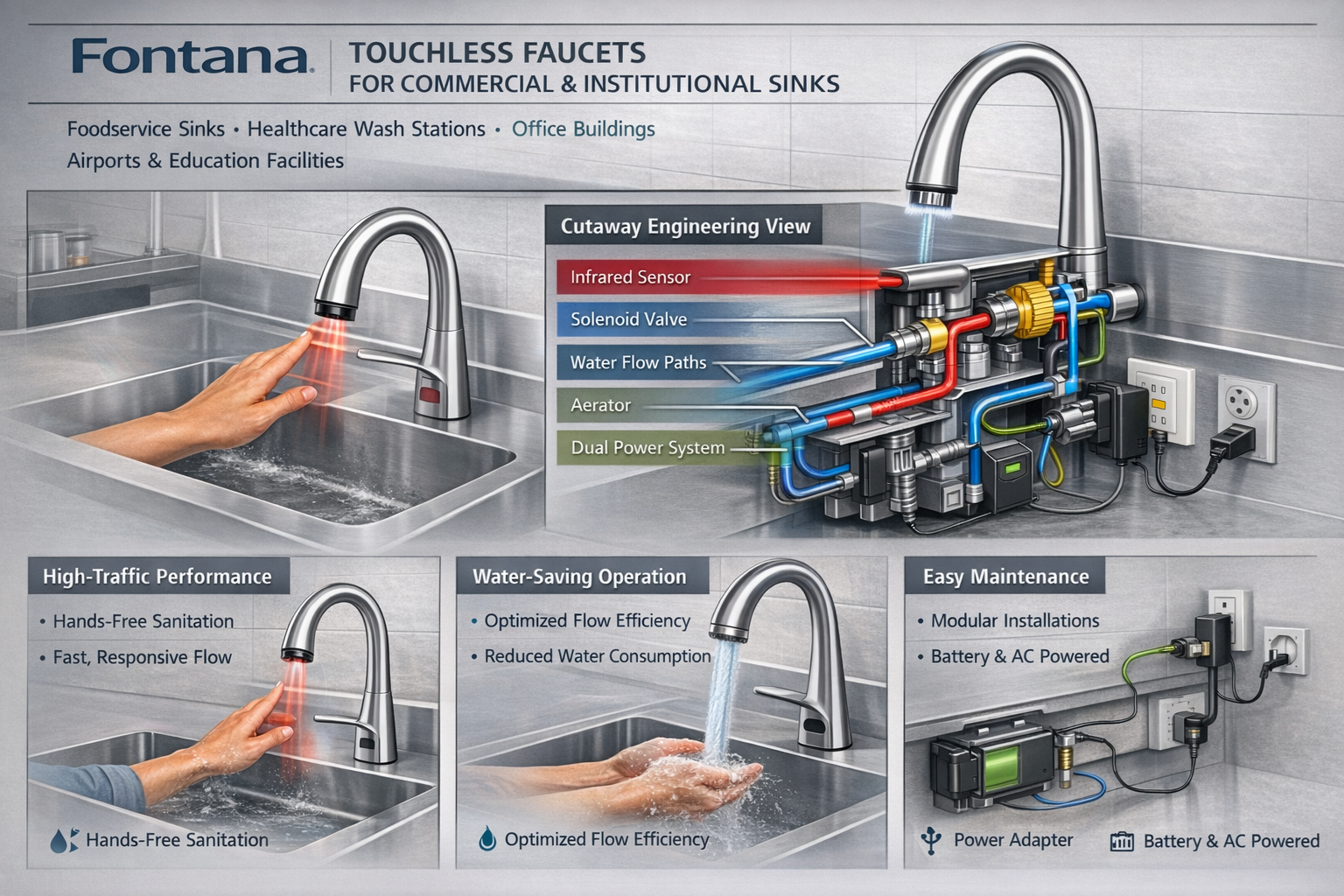 Fontana touchless faucets in commercial and institutional sink applications